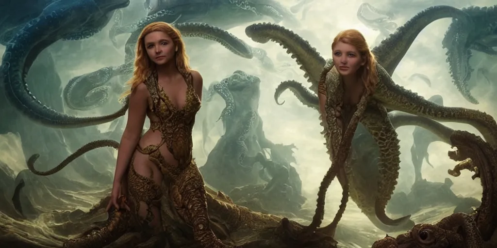 Image similar to Fantasy fairytale story, Great Leviathan Turtle, cephalopod, Cthulhu Squid, Mysterious Island, center Universe, accompany hybrid, Cory Chase, Blake Lively, Anya_Taylor-Joy, Grace Moretz, Halle Berry, Mystical Valkyrie, Anubis-Reptilian, Atlantean Warrior, intense fantasy atmospheric lighting, hyperrealistic, William-Adolphe Bouguereau, François Boucher, Jessica Rossier, Michael Cheval, michael whelan, Cozy, hot springs hidden Cave, Forest, candlelight, natural light, lush plants and flowers, Spectacular Mountains, bright clouds, luminous stellar sky, outer worlds, Solar Flare Unreal Engine, HD,