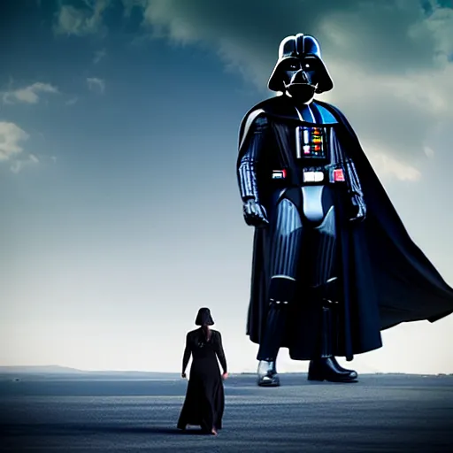 Image similar to darth vader and kristen stewart staying close together in front of, on the background star destroyer, romantic poster for the twillight movie high quality photorealistic