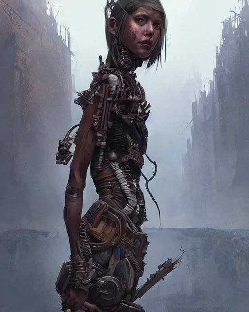 Image similar to hyper realistic photo of postapocalyptic tribal cyborg girl, full body, cinematic, artstation, cgsociety, greg rutkowski, james gurney, mignola, craig mullins, brom