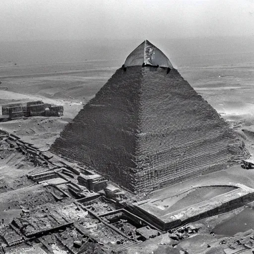 Image similar to an aerial photograph of a pyramid at giza at the early stages of construction with heavy scaffolding clearly visible, the top of the pyramid has not been built and is not visible, dslr