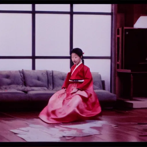 Prompt: a woman in a hanbok sitting on a couch, a starfish monster\'s arm coming through the window, minimal cinematography by Akira Kurosawa, movie filmstill, film noir, thriller by Kim Jong-il and Shin Sang-ok, abstract communism, occult epic