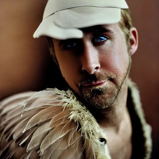 Image similar to closeup portrait of ryan gosling dressed as a goose, feather suit, wings, natural light, sharp, detailed face, magazine, press, photo, steve mccurry, david lazar, canon, nikon, focus