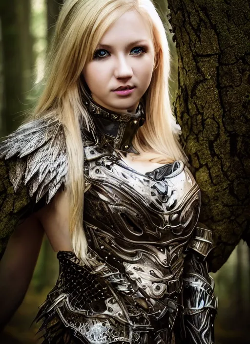 Prompt: photo of a cute blonde girl in a dark forest wearing animal skin armor, realistic, sharp focus, 8 k high definition, insanely detailed, intricate, elegant, artgerm, greg kutkowski, high contrast dramatic lighting