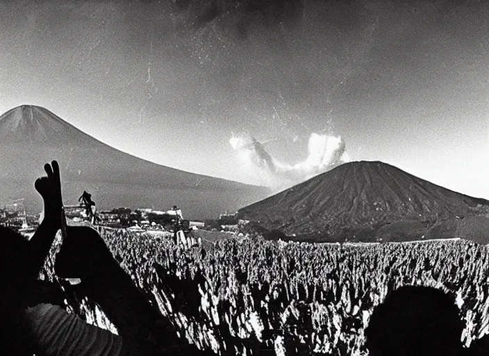 Prompt: old photo of average greeks drink wine and have fun against the backdrop of mount vesuvius starting to erupt by sebastian salgado, fisheye 1 6 mm, diffused backlight