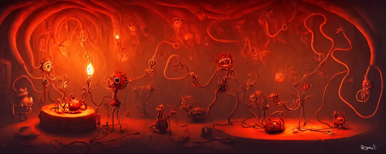 Image similar to whimsical weird chthonic alchemist creatures inside a visceral arterial alchemical lab within the left ventricle of a human heart, dramatic lighting fiery red lighting, surreal fleischer cartoon characters, surreal painting by ronny khalil