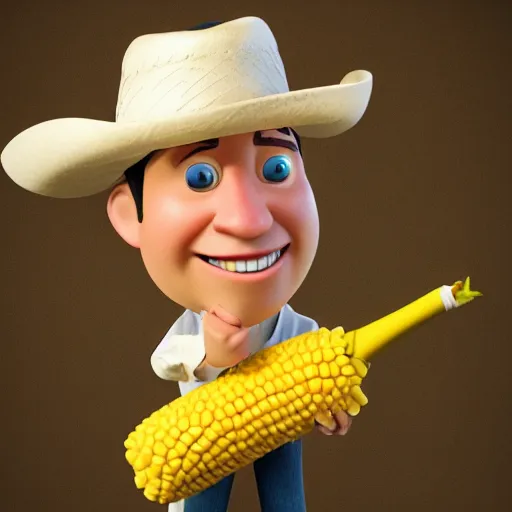 Image similar to john cornyn as a pixar character with a corn on the cob body and cowboy hat, 3 d, octane render,