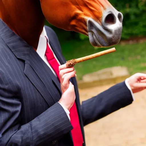 Image similar to an antropomorphic horse wearing a suit smoking a cigar