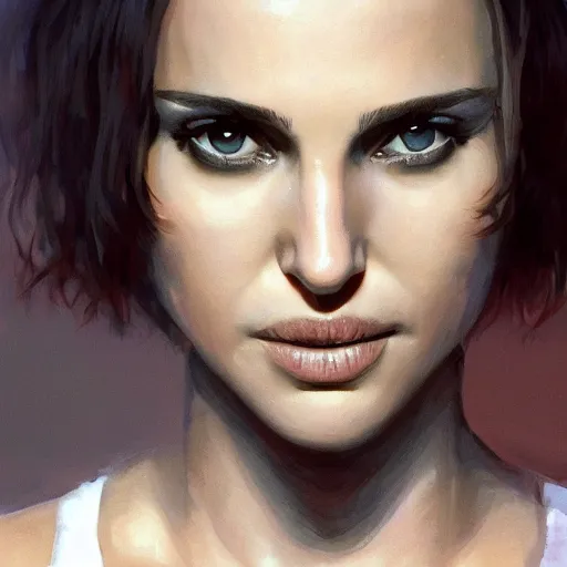 Prompt: closeup portrait of natalie portman from the movie leon the professional, city background, dramatic light, gorgeous view, depth, high detail, digital art, painted by greg rutkowski and seb mckinnon, by tim burton, trending on artstation