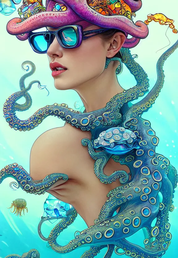 Prompt: close up of a beautiful woman underwater wearing sunglasses and a colourful octopus as a hat surrounded by jellyfish, fantasy, intricate, elegant, highly detailed, digital painting, artstation, concept art, smooth, 8 k, sharp focus, illustration, art by artgerm and greg rutkowski and alphonse mucha