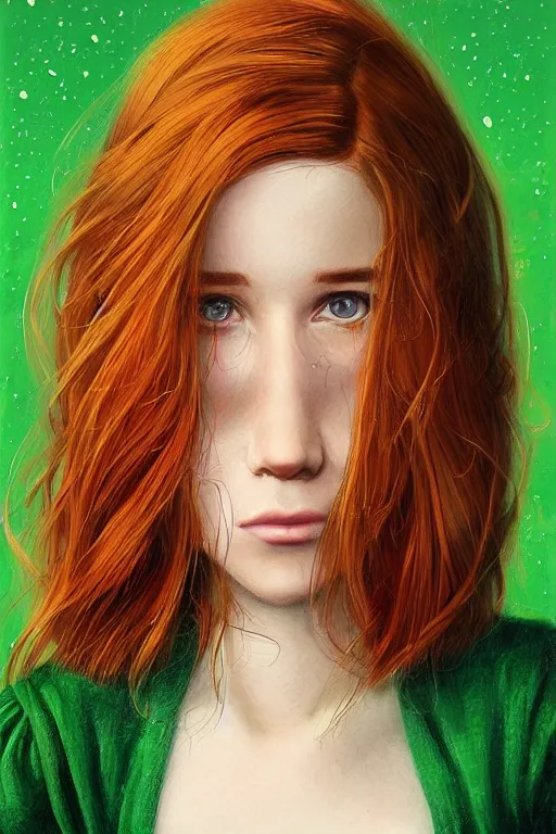 Image similar to ultra realistic style illustration of a beautiful cute red haired playful teen girl in a green dress, long hair, face of teen kate mara, sci - fi, intricate, elegant, digital painting, artstation, concept art, smooth, sharp focus, illustration, 8 k frostbite 3 engine, ultra detailed, art by artgerm and greg rutkowski and magali villeneuve