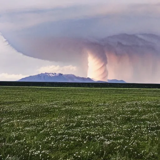 Prompt: beautiful landscape with a large tornado in the background