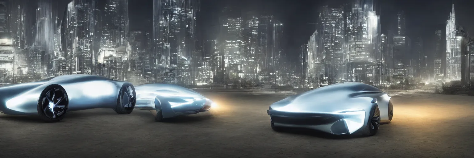 Prompt: photograph of a concept car for the year 2050, inner city background night shot, dramatic lighting.