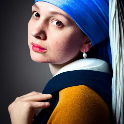 Prompt: girl with the pearl earring, portrait studio, taken with canon eos, f 1. 4, soft diffused light, iso 2 0 0,