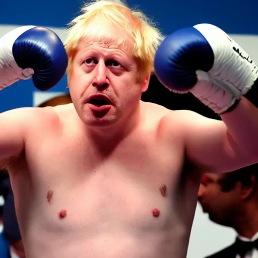 Prompt: boris johnson losing a boxing match, with a bleeding lip and broken nose