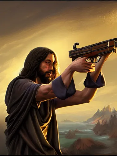 Image similar to jesus christ firing ak - 4 7. intricate, elegant, highly detailed, digital painting, artstation, concept art, sharp focus, illustration, by justin gerard and artgerm, 8 k