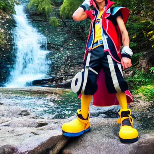 Image similar to kingdom hearts sora cosplay near waterfall photo photography low angle detailed face 85mm