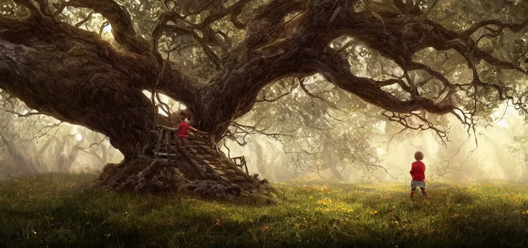 Image similar to Kid with red radioflyer standing in front of beautiful tree house in an old oak tree on a beautiful meadow with flowers, dramatic lighting, cinematic, establishing shot, extremly high detail, photo realistic, cinematic lighting, post processed, concept art, artstation, matte painting, style by eddie mendoza, raphael lacoste, alex ross