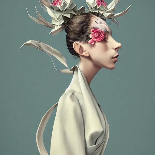 Prompt: 3 / 4 view of a beautiful girl wearing an origami dress, elegant, by esao andrews, by eiko ishioka, givenchy, by peter mohrbacher, centered, floral ornamentic, detailed beautiful face, high depth of field, origami, detailed fashion illustration, vogue, japanese, reallusion character creator