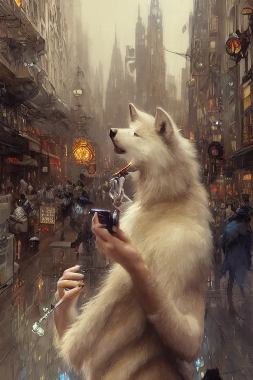 Image similar to beautiful portrait of an attractive white female anthro wolf smoking a cigarette in a bustling crowd of a rainy city street, steampunk, female fursona, 4 k, trending on artstation, by gaston bussiere, craig mullins, artgerm, greg rutkowski, alphonse mucha
