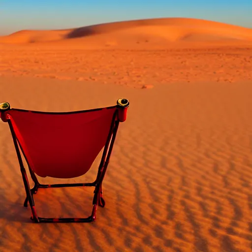 Prompt: a red camping chair in the middle of the sahara desert. the chair is 1 0 feet away from the camera.