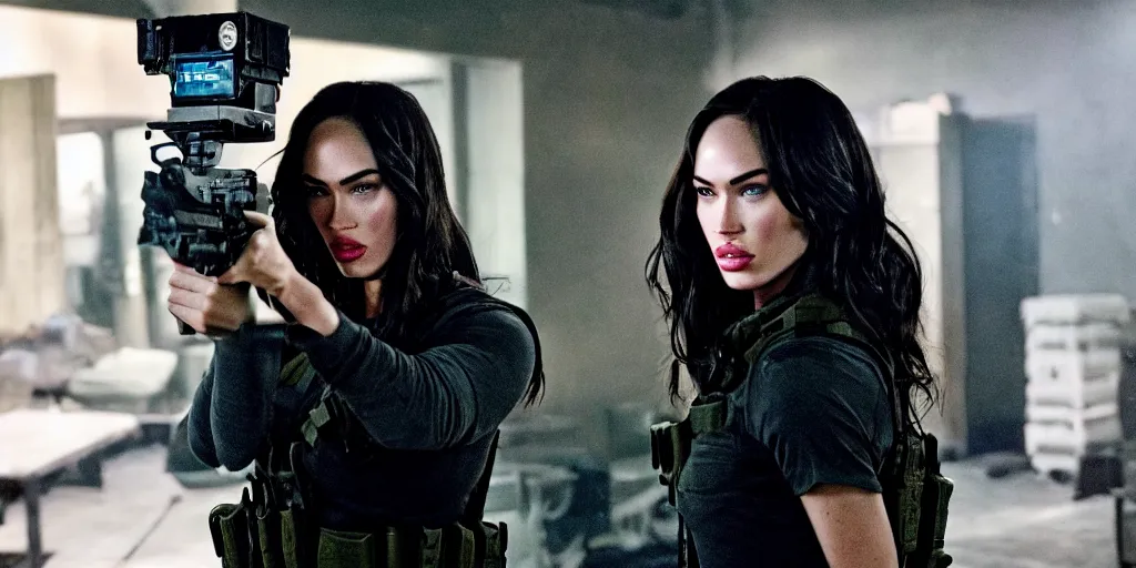 Image similar to vfx film, megan fox swat team squad crew, breach and clear, gang house, flat color profile low - key lighting award winning photography arri alexa cinematography, cinematic beautiful natural skin, famous face, atmospheric cool color - grade