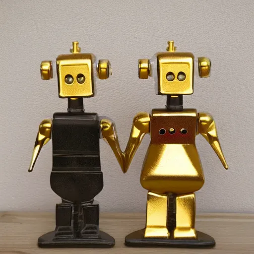 Image similar to retro gold robotic couple on a 8 0 s home decor, vintage photograph