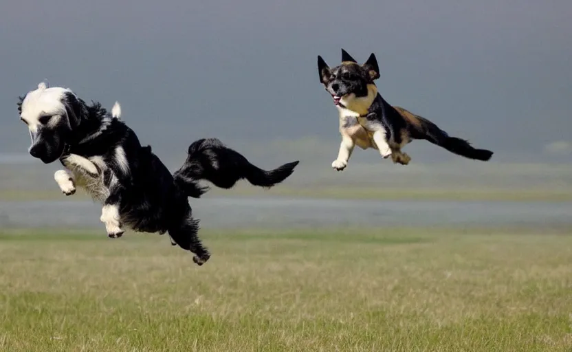 Image similar to dog with wings flying through the sky