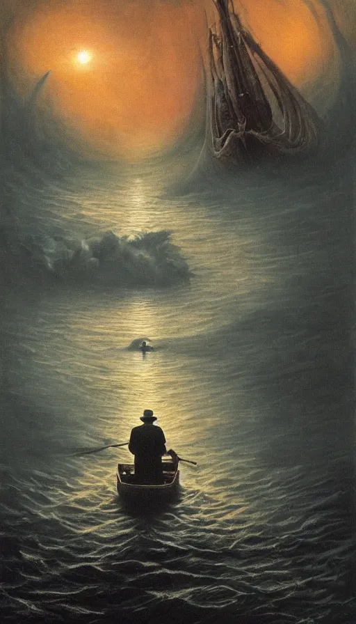 Prompt: man on boat crossing a body of water in hell with creatures in the water, sea of souls, by david a. hardy