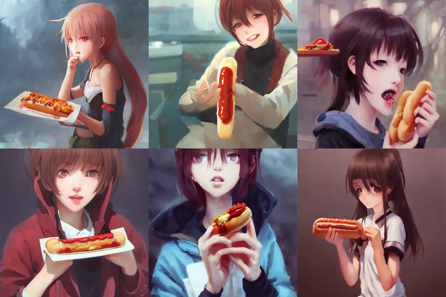 Prompt: girl eating a hotdog, krenz cushart, guweiz