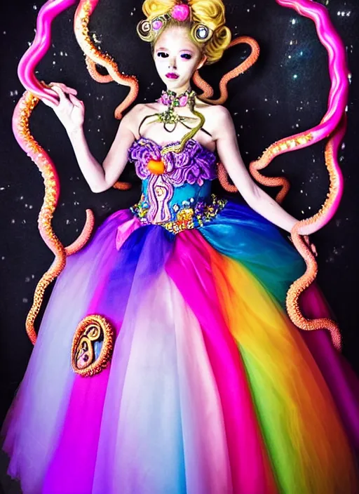 Image similar to A full body shot of a cute and mischievous monster princess with Sailor Moon hair made of tentacles wearing an ornate ball gown covered in jewels. Dynamic Pose. Quinceanera dress. Rainbow palette. rainbowcore. Eldritch Beauty. defined facial features, symmetrical facial features. Opalescent surface. beautiful lighting. By Giger and Ruan Jia and Artgerm and WLOP and William-Adolphe Bouguereau. Photo real. Hyper-real. Photorealism. Fantasy Illustration. Sailor Moon hair. Masterpiece. trending on artstation, featured on pixiv, award winning, cinematic composition, dramatic pose, sharp, details, Hyper-detailed, HD, HDR, 4K, 8K.