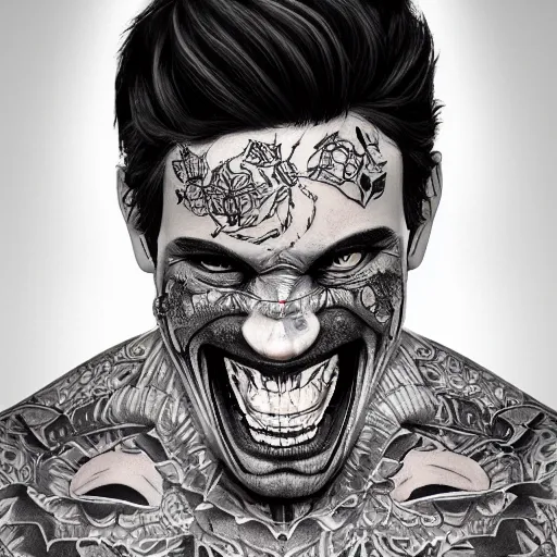 Image similar to tatted man laugh on camera. matte, facial features, symmetrical anatomy, hyperdetailed, digital art, baroque, pop punk art style, fantasy, full body pictures, without duplication, art by artgerm and ilya kuvshinov and vinicius gud and gustavo zambelli, intricate, octane render.