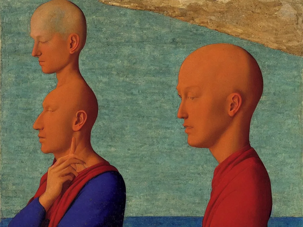 Image similar to Portrait of a monk holding his head above the water. Lapis Lazuli, malachite, cinnabar. Painting by Piero della Francesca, Agnes Pelton