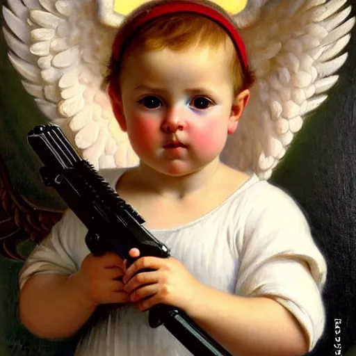 Image similar to full body portrait of a baby cupid with angel wings wearing balaclava mask, holding a gun, emile munier 1 8 9 5, french, cupid, boy, angel, painting, global illumination, radiant light, detailed and intricate environment h 6 4 0