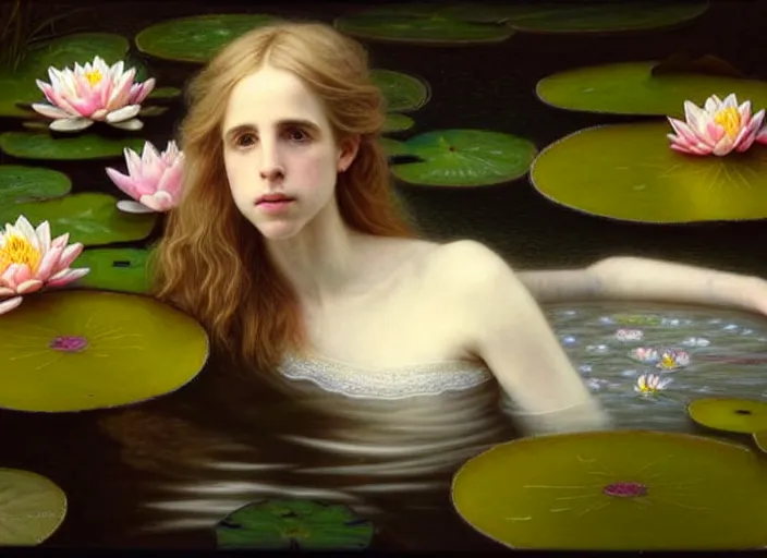 Image similar to 8K, soft light, warm volumetric lighting, highly detailed, brit marling style 3/4 ,view from above of close-up portrait photo of a beautiful woman how pre-Raphaelites painter, face is emerging of a pond with beautiful water lilies, she has a beautiful lace dress and hair are intricate with highly detailed realistic beautiful flowers , Realistic, Refined, Highly Detailed, natural outdoor soft pastel lighting colors scheme, faded colors, outdoor fine art photography, Hyper realistic, photo realistic,warm lighting,