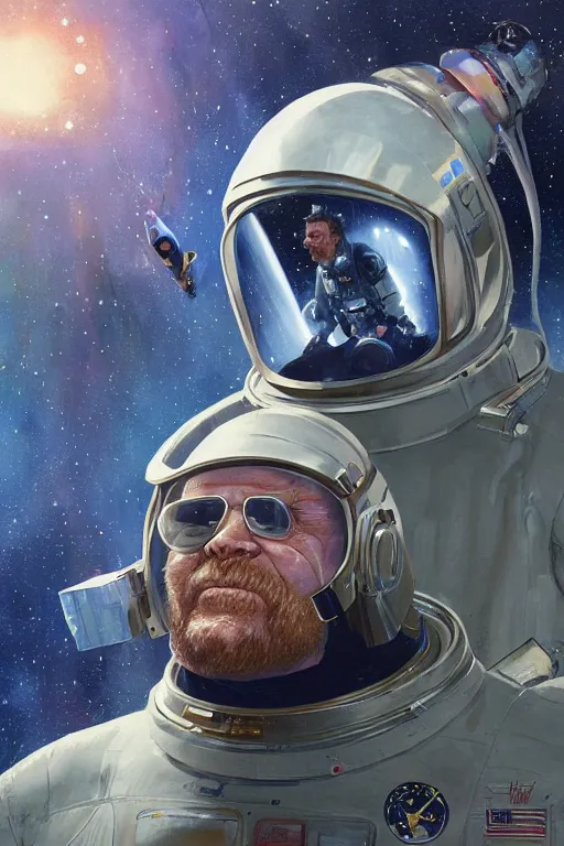 Prompt: portrait of willem defoe as a fat man wearing leather spacesuit, nebula space background and spaceship, illustration by normal rockwell, jacob collins, artstation character art, john berkey, greg rutkowski