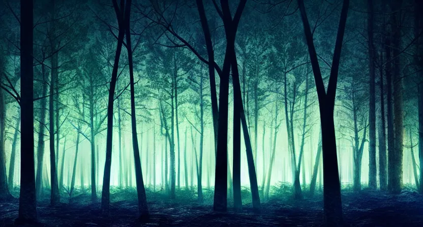 Image similar to national geographic photo of dark russian forest, soft colors, bright neon on trees, retro-futurism, atomic heart game concept render