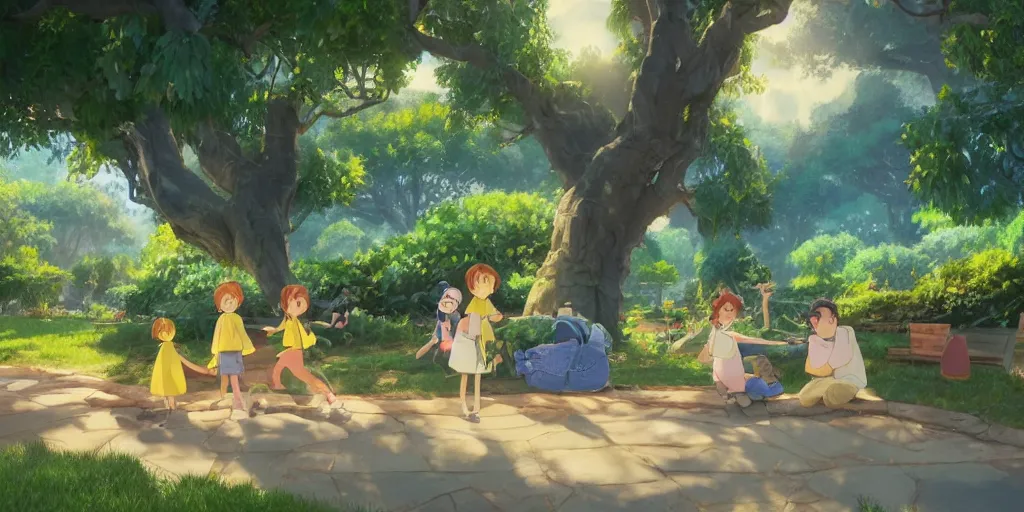 Prompt: wholesome illustration of a family of lemons enjoying a day at the park, Studio Ghibli, Pixar and Disney animation, sharp, Rendered in Unreal Engine 5, art by Greg Rutkowski, Bloom, dramatic lighting, sunny day