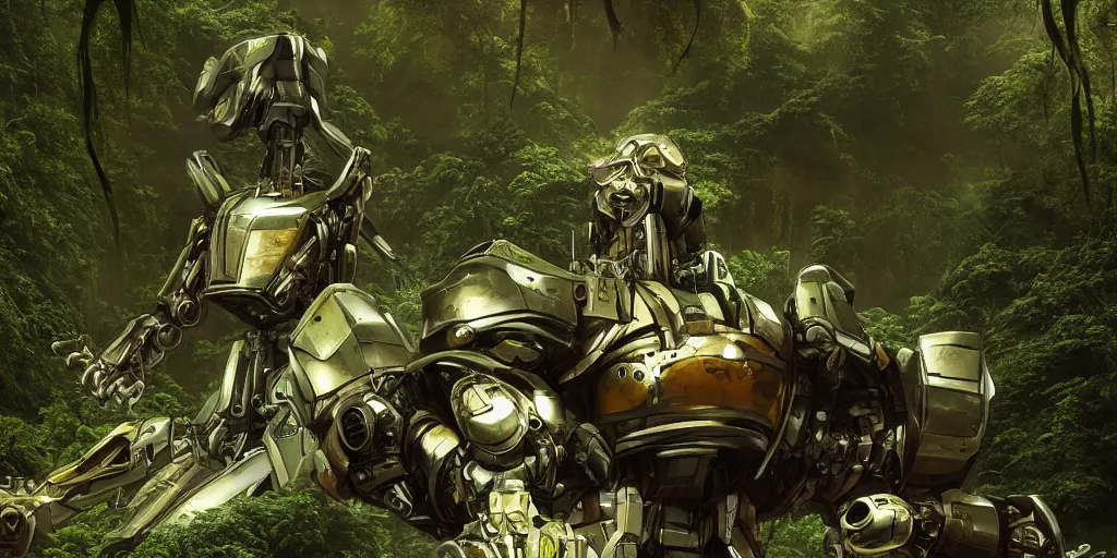 Prompt: an intricate concept art of a giant mechanical robot pilot resting in the rainforest, sci - fi film color palette, artstation, deviantart, octane render, cinematic, inception concept, michael bay film style