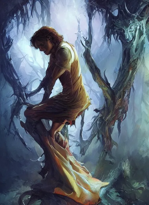 Image similar to sam winchester in a bodice - ripper romantic book cover illustration art by peter andrew jones, artgerm, wlop. fantasy style, sharp focus!, ultra detailed,