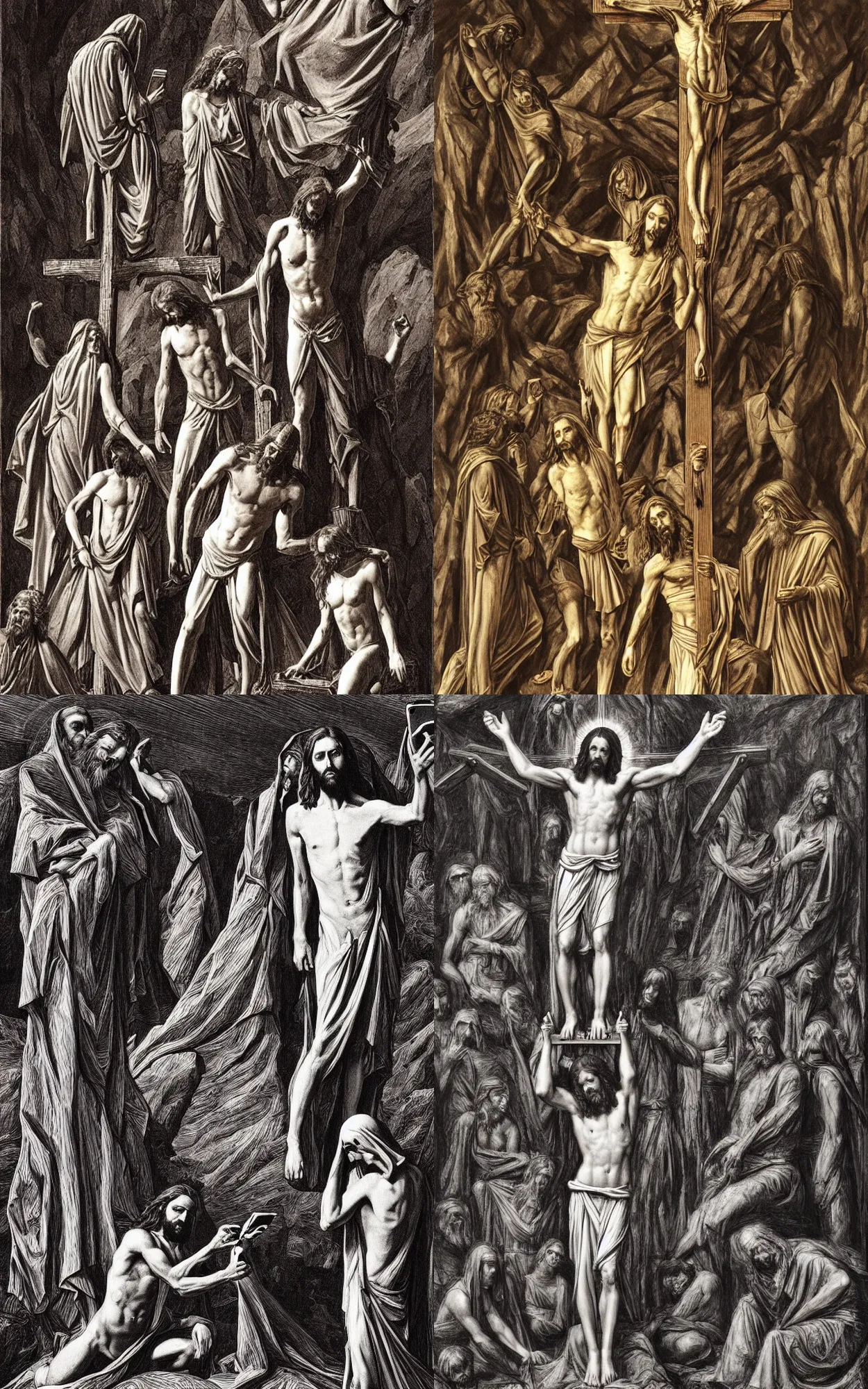 Prompt: jesus on the cross looking at the smartphone in his hand, artwork by gustav dore, h. r. giger, alex grey, android jones, and max chroma