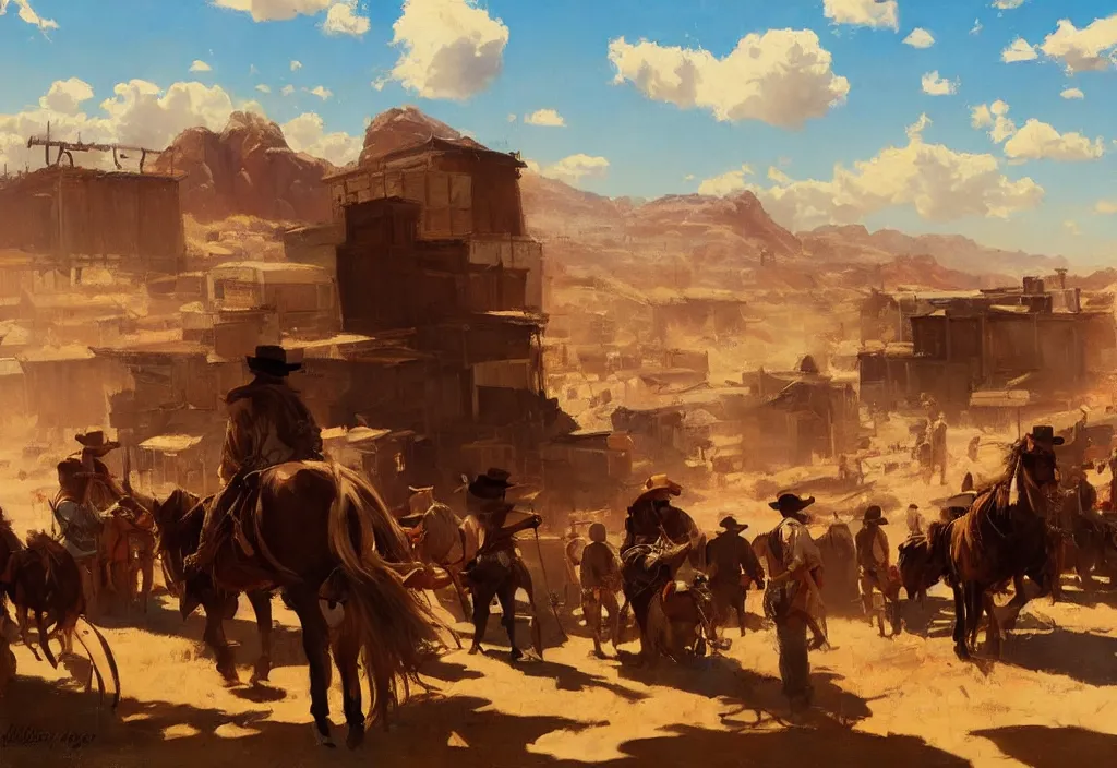 Prompt: greg manchess painting of a wild west town landscape in the year 1 8 5 0, any person in the painting only buildings, painting, trending on artstation, by huang guangjian and gil elvgren and sachin teng