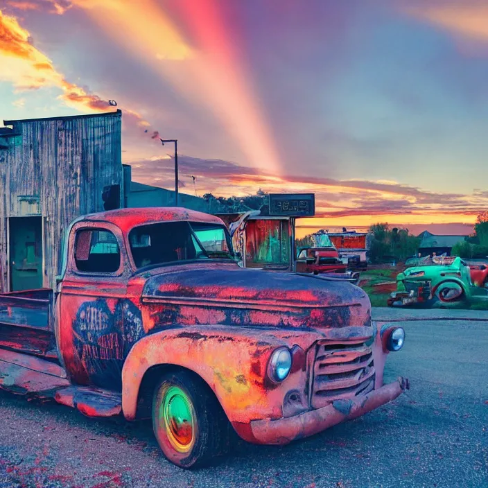 Image similar to a sunset light landscape with historical route 6 6, lots of sparkling details and sun ray ’ s, blinding backlight, smoke, volumetric lighting, colorful, octane, 3 5 mm, abandoned gas station, old rusty pickup - truck, beautiful epic colored reflections, very colorful heavenly, softlight