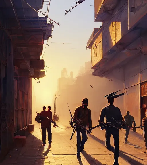 Image similar to highly detailed painting of iranian revolution in gta v, stephen bliss, unreal engine, fantasy art by greg rutkowski, loish, rhads, ferdinand knab, makoto shinkaib and lois van baarle, ilya kuvshinov, rossdraws, tom bagshaw, global illumination, radiant light, detailed and intricate environment