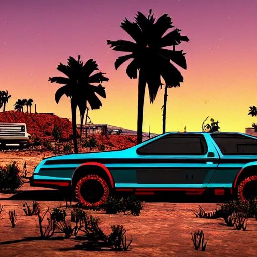 Image similar to wasteland hotline miami desert apocalypse car wasteland war destroyed wide shot landscape nuke fire craters end of the world miami beach sunset palm trees 80s delorean unreal engine dark style