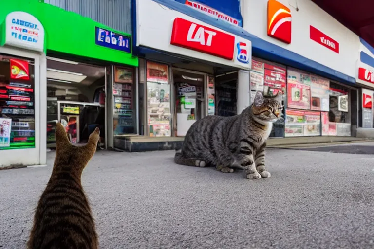 Image similar to cat smoking a cigarette in 7 - eleven wide angle lens