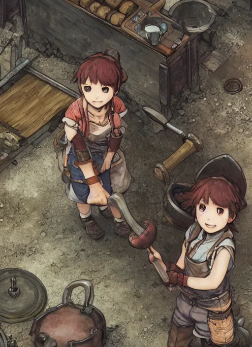 Prompt: tomboy blacksmith at the smithy, hidari, color page, tankoban, 4K, tone mapping, Akihiko Yoshida.