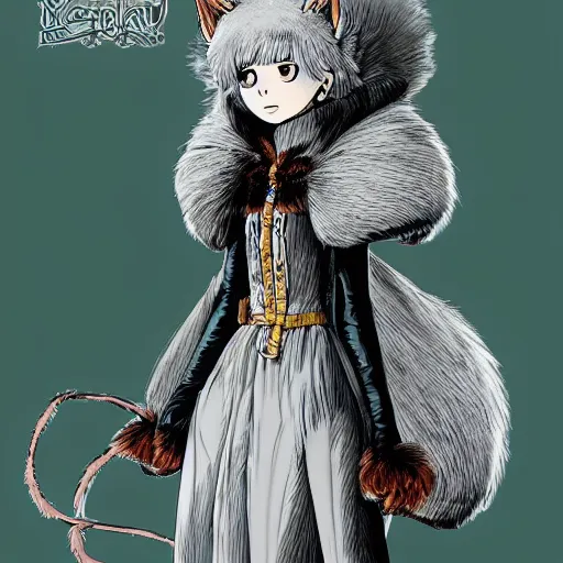 Image similar to a beautiful dressed furry girl, artstation hq, stylized, award winning, colour page from berserk series, created by kentaro miura