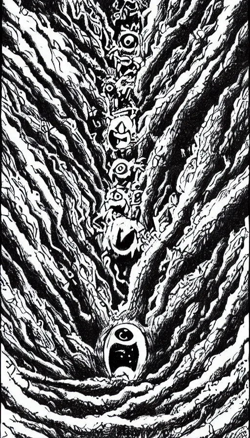 Prompt: a storm vortex made of many demonic eyes and teeth over a forest, by yoshihiro togashi