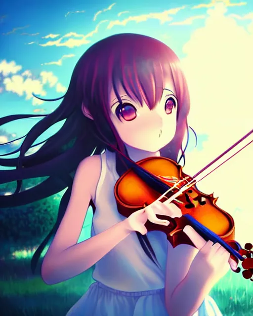 Prompt: anime style, creative, full body, a cute girl with white skin and long pink wavy hair holding a violin and playing a song, heavenly, stunning, realistic light and shadow effects, happy, centered, landscape shot, happy, simple background, studio ghibly makoto shinkai yuji yamaguchi