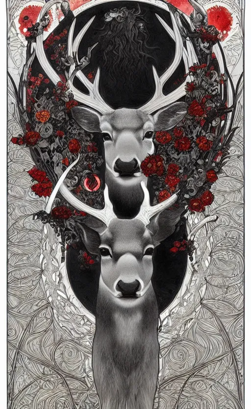 Image similar to black and white deer, with highly detailed with red flowers, long flowing mane and tail, ultra high detail, symmetry, in a hellscape, detail art style of alfons maria mucha, and peter mohrbacher atyles god lighting